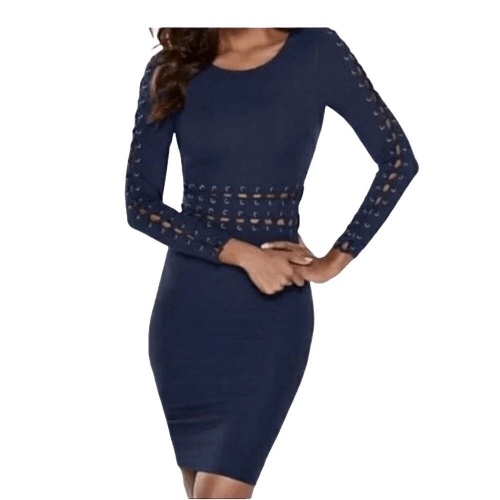 Venus Navy Lace Up Waist And Sleeves Bodycon Dress Size 12